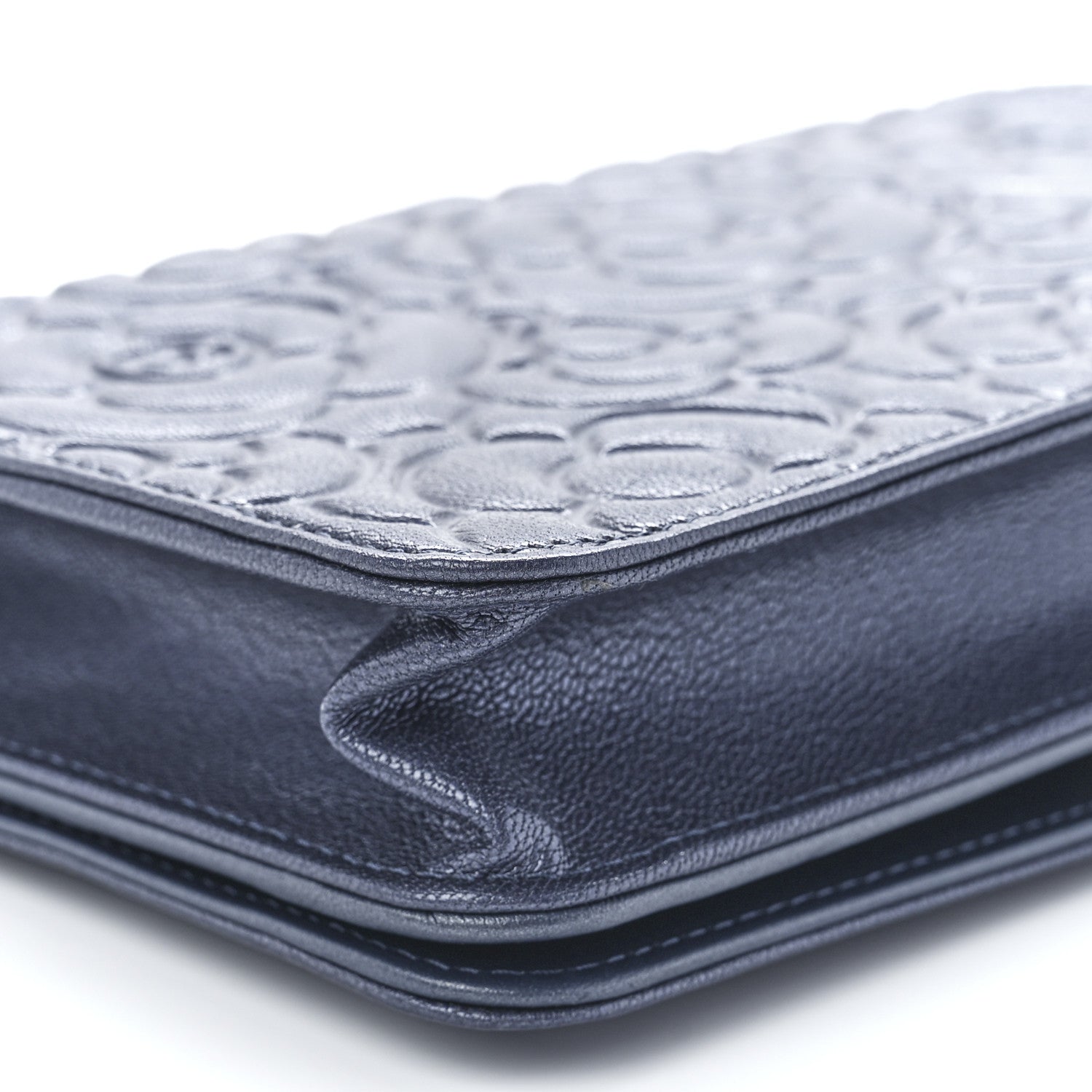 Chanel Goatskin Camellia Embossed Wallet On Chain WOC Blue 12 of 12