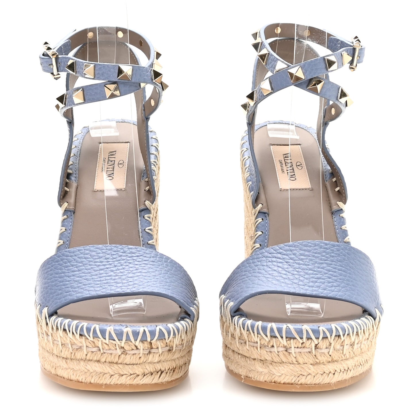 Grained Calfskin Rockstud Ankle Strap Espadrille 15/105mm Wedge Sandals 36 Baltique Natural