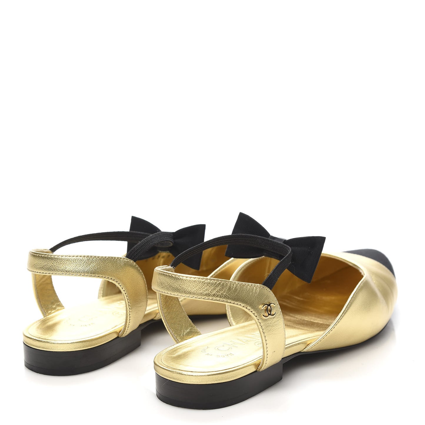Laminated Lambskin Grosgrain Cap Toe Bow Flats 38.5 Gold Black