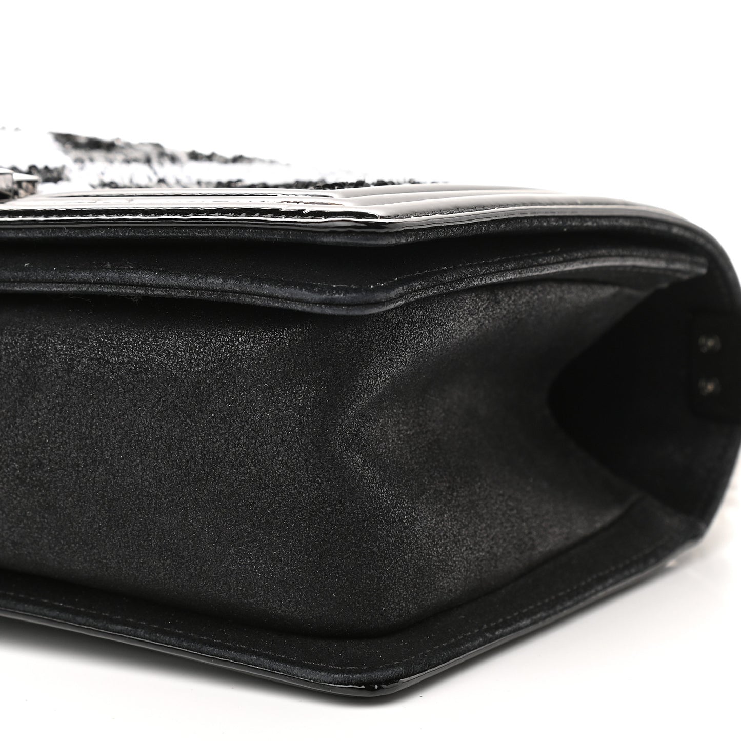 Patent Iridescent Calfskin Sequin Medium Boy Flap Bag Black