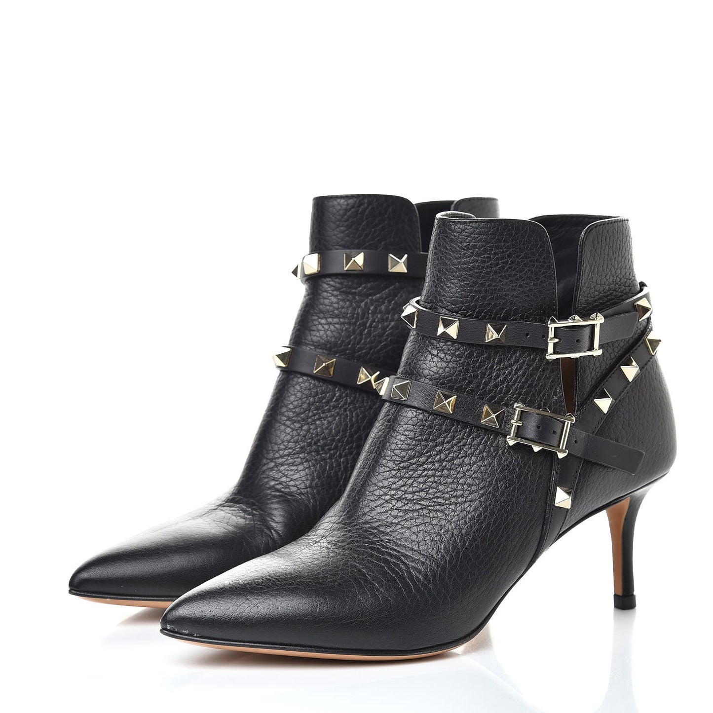 Grained Calfskin Rockstud Double Buckle 65mm Ankle Boots 35 Black