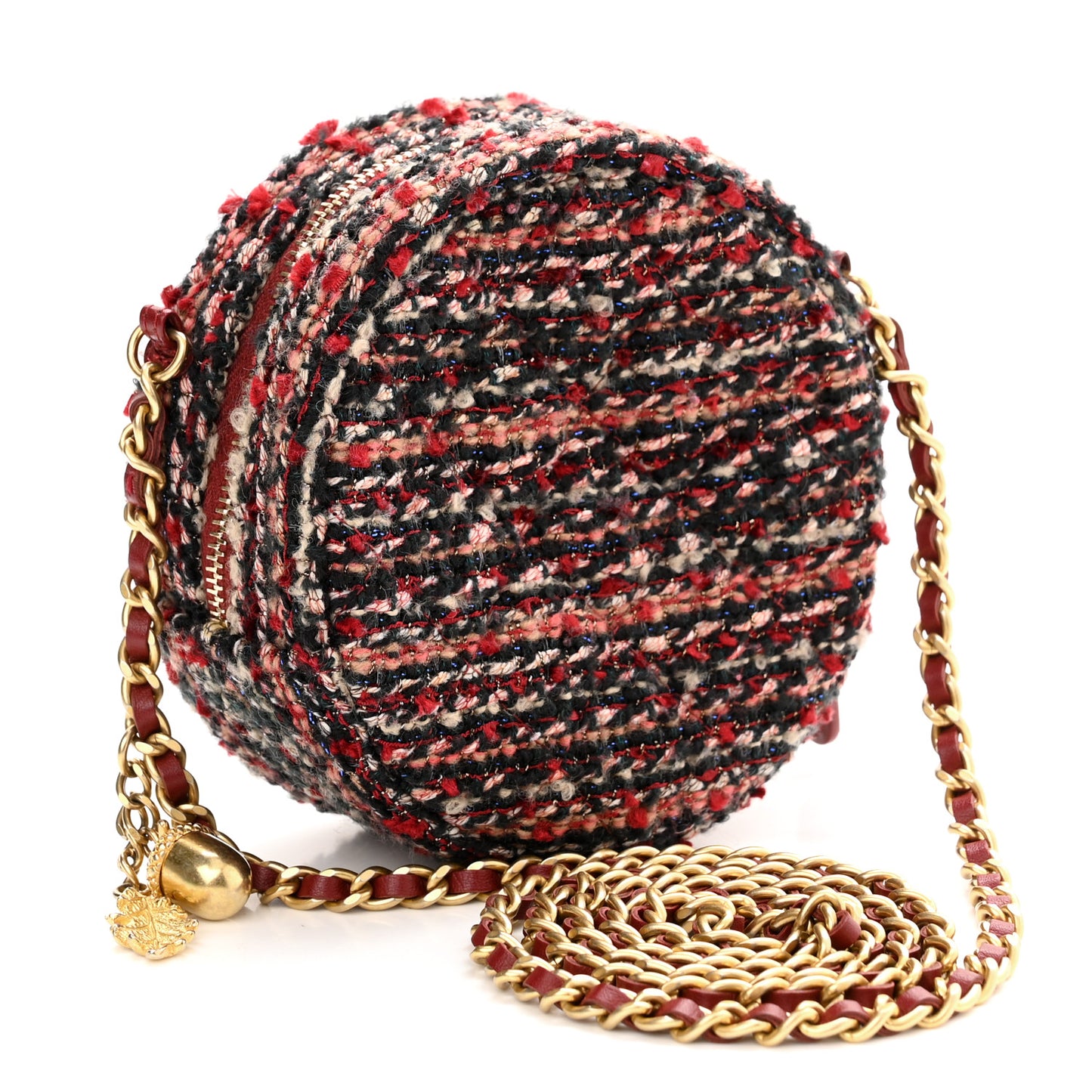 Tweed Quilted Round Clutch With Chain Red