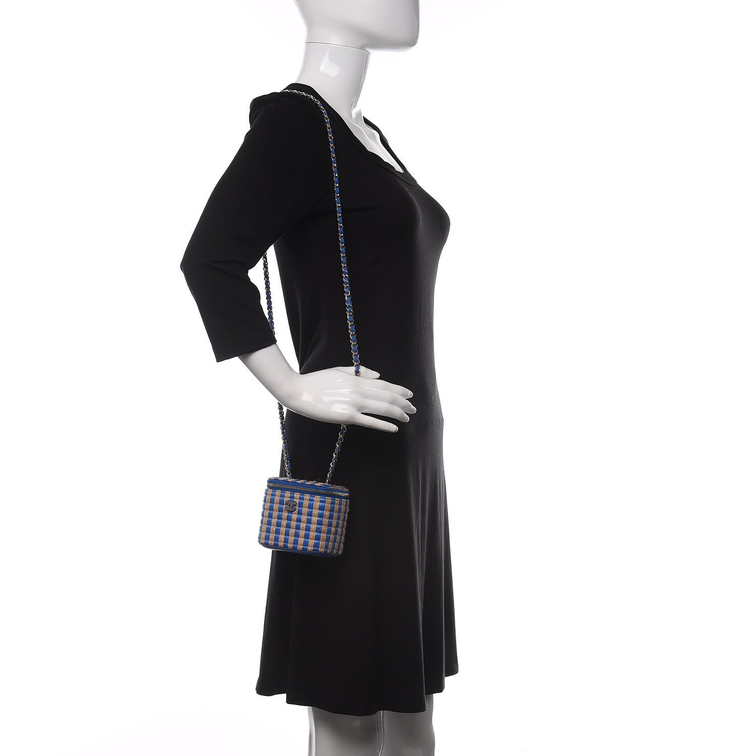 Chanel Raffia Jute Striped Mini Vanity Case With Chain Blue Beige 2 of 11