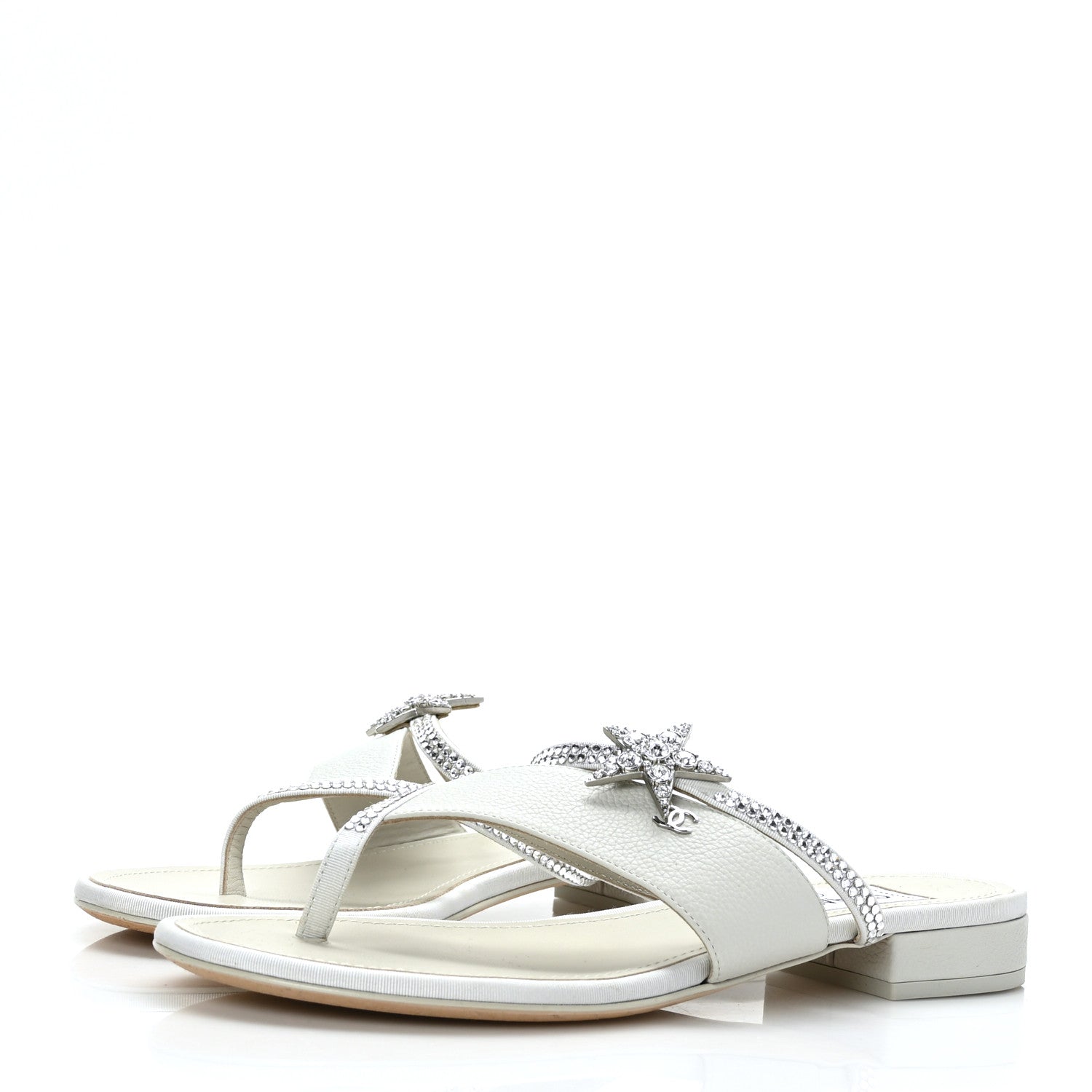 Chanel Grained Calfskin Strass CC Thong Sandals 37 Light Gray 3 of 8