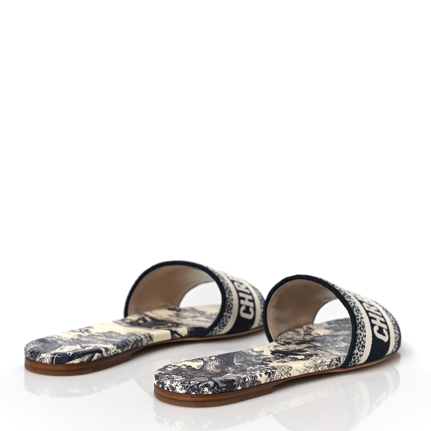 Canvas Toile de Jouy Embroidered Dway Flat Slide Sandals 38 Blue