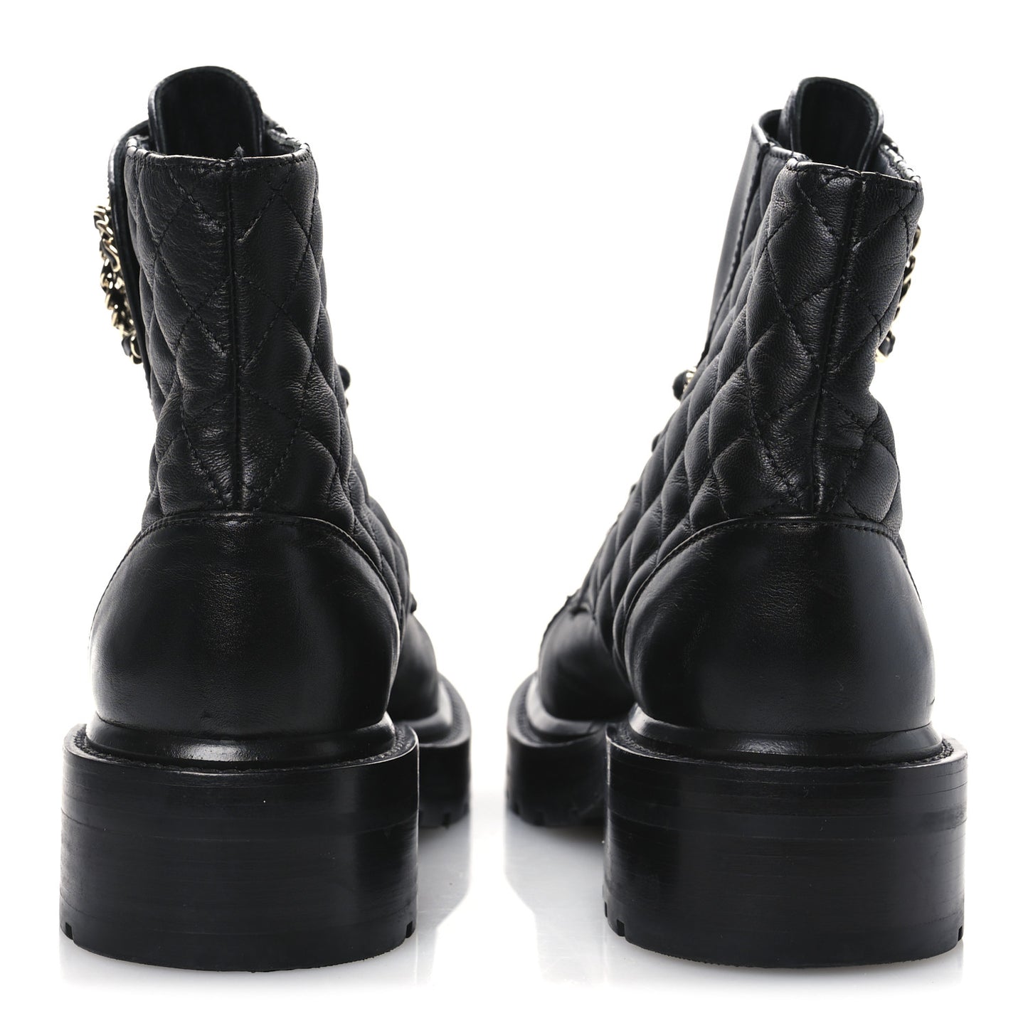 Shiny Lambskin Quilted Lace Up Combat Boots 36.5 Black