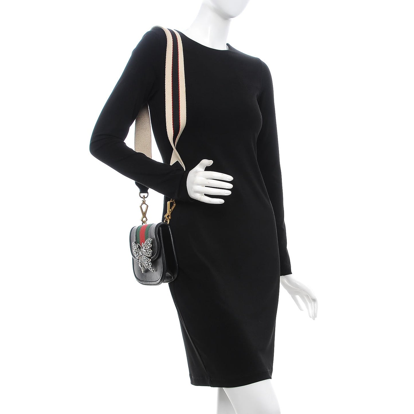Calfskin Web Crystal Butterfly Stripe Small Totem Shoulder Bag Black