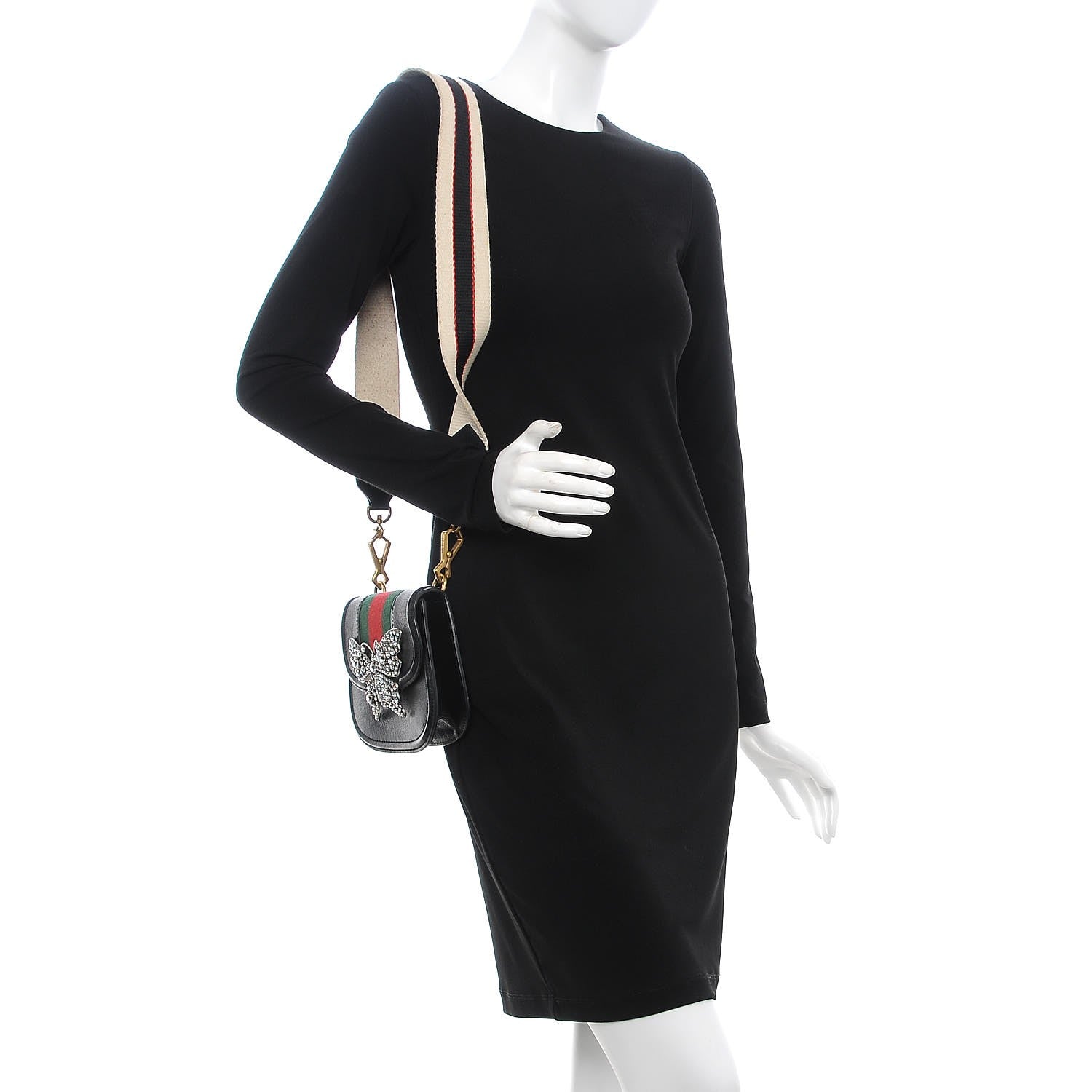 Gucci Calfskin Web Crystal Butterfly Stripe Small Totem Shoulder Bag Black 2 of 12