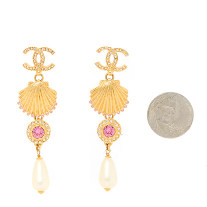 Chanel Metal Crystal Pearl CC Drop Earrings Gold Pink White 2 of 5
