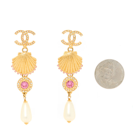 Metal Crystal Pearl CC Drop Earrings Gold Pink White