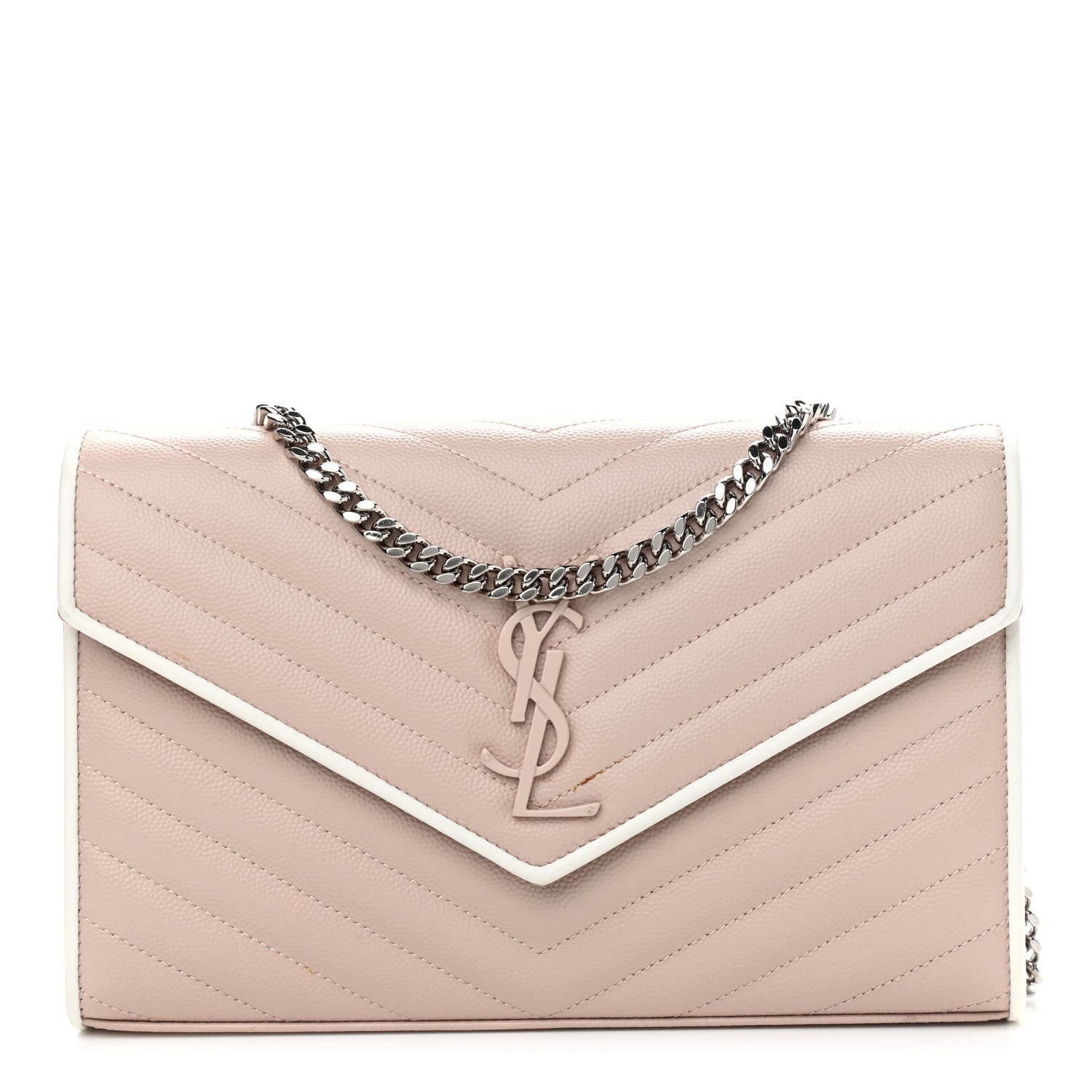 Saint Laurent Grain De Poudre Matelasse Chevron Monogram Chain Wallet Pink and White 1 of 11