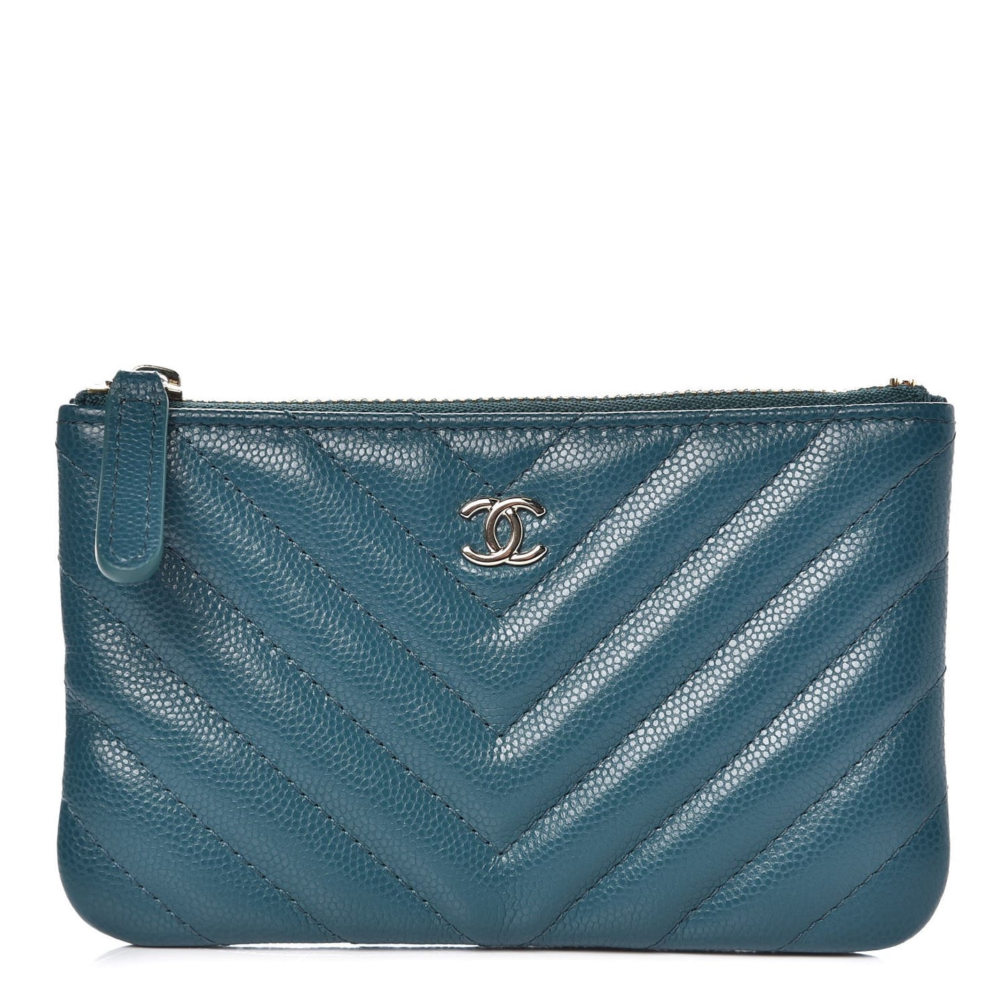 Caviar Chevron Quilted Small Cosmetic Case Dark Turquoise