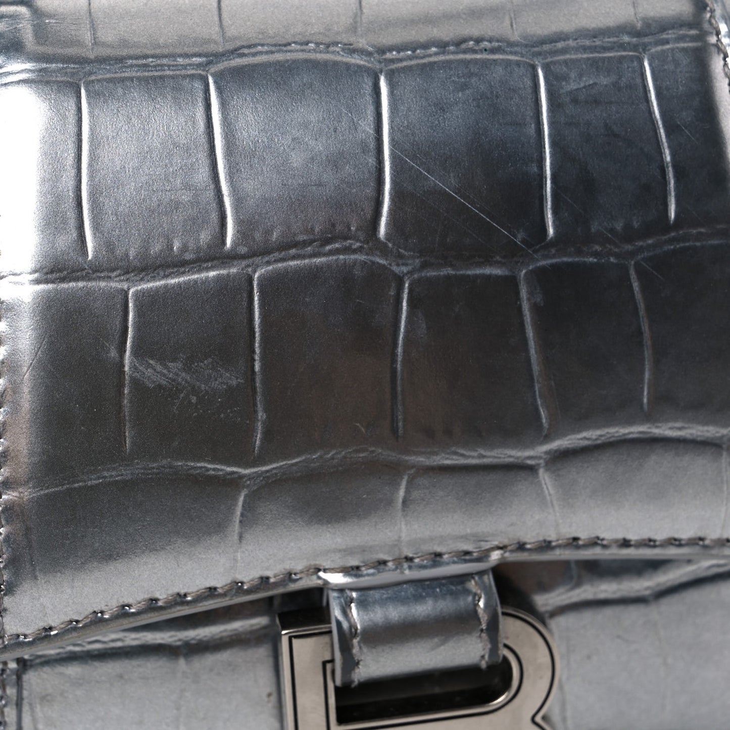 Metallic Calfskin Crocodile Embossed Hourglass Top Handle Bag XS Silver