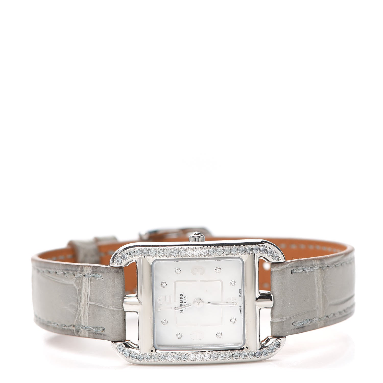 Hermes Stainless Steel Alligator Diamond Bezel Grey Sapphire Mother of Pearl 23mm Cape Cod Quartz Watch Gris Perle 2 of 5