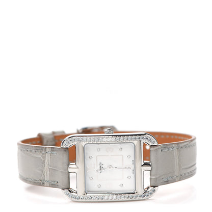 Hermes Stainless Steel Alligator Diamond Bezel Grey Sapphire Mother of Pearl 23mm Cape Cod Quartz Watch Gris Perle 2 of 5