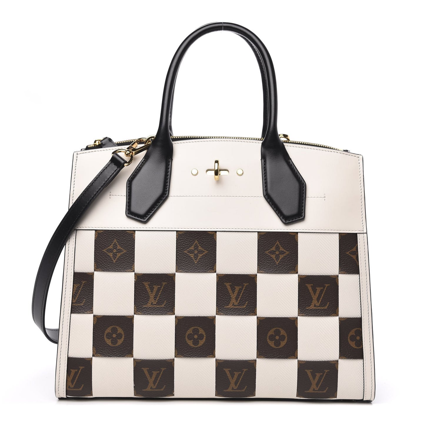Calfskin Monogram Damier Tressage City Steamer MM Creme