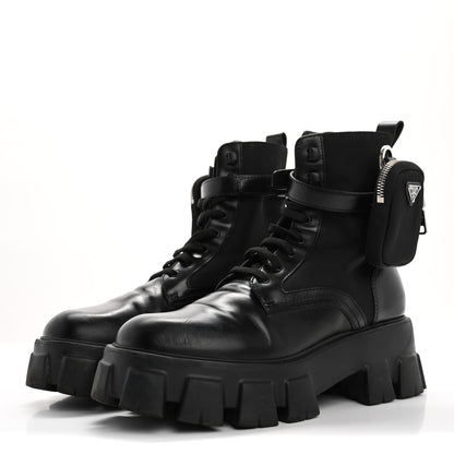 Prada Spazzolato Rois Re-Nylon Metal Triangle Logo Monolith Pouch Pocket 55mm Boots 41 Black 4 of 12