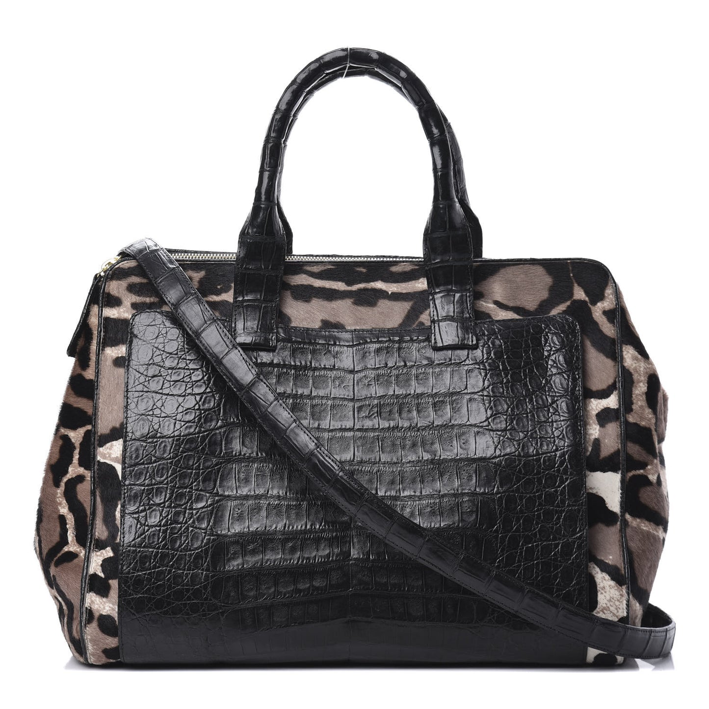 Crocodile Calf Hair Leopard Print Satchel Black