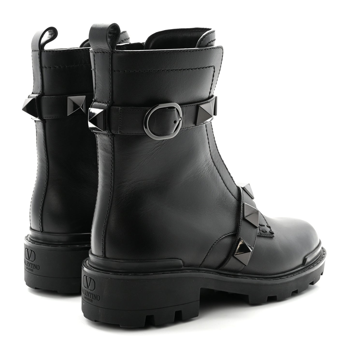Calfskin Tonal Roman Stud 20/40mm Combat Boots 38.5 Black