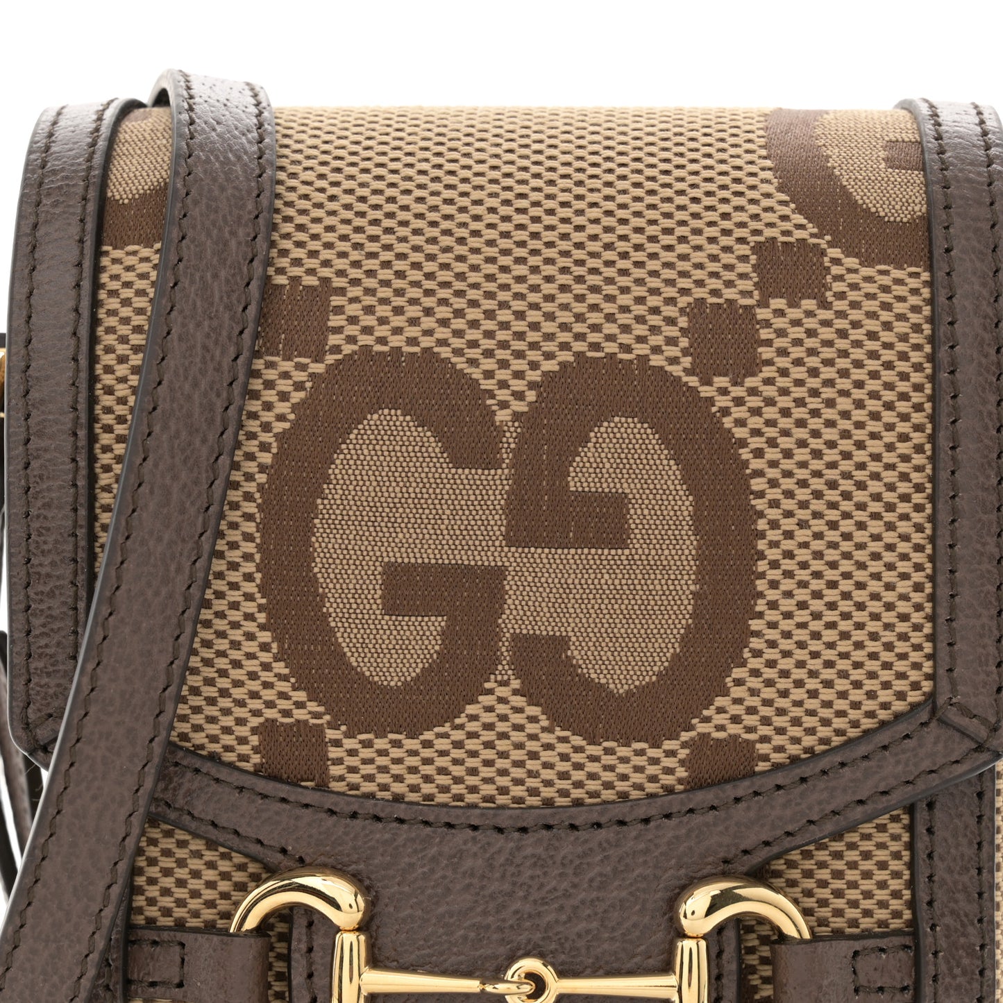 Monogram Jumbo GG Textured Dollar Calfskin Mini Horsebit 1955 Crossbody Bag Camel Ebony New Acero