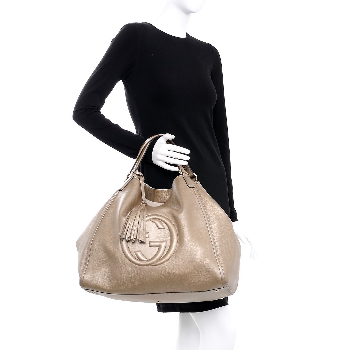 Metallic Pebbled Calfskin Large Soho Shoulder Bag Golden Beige
