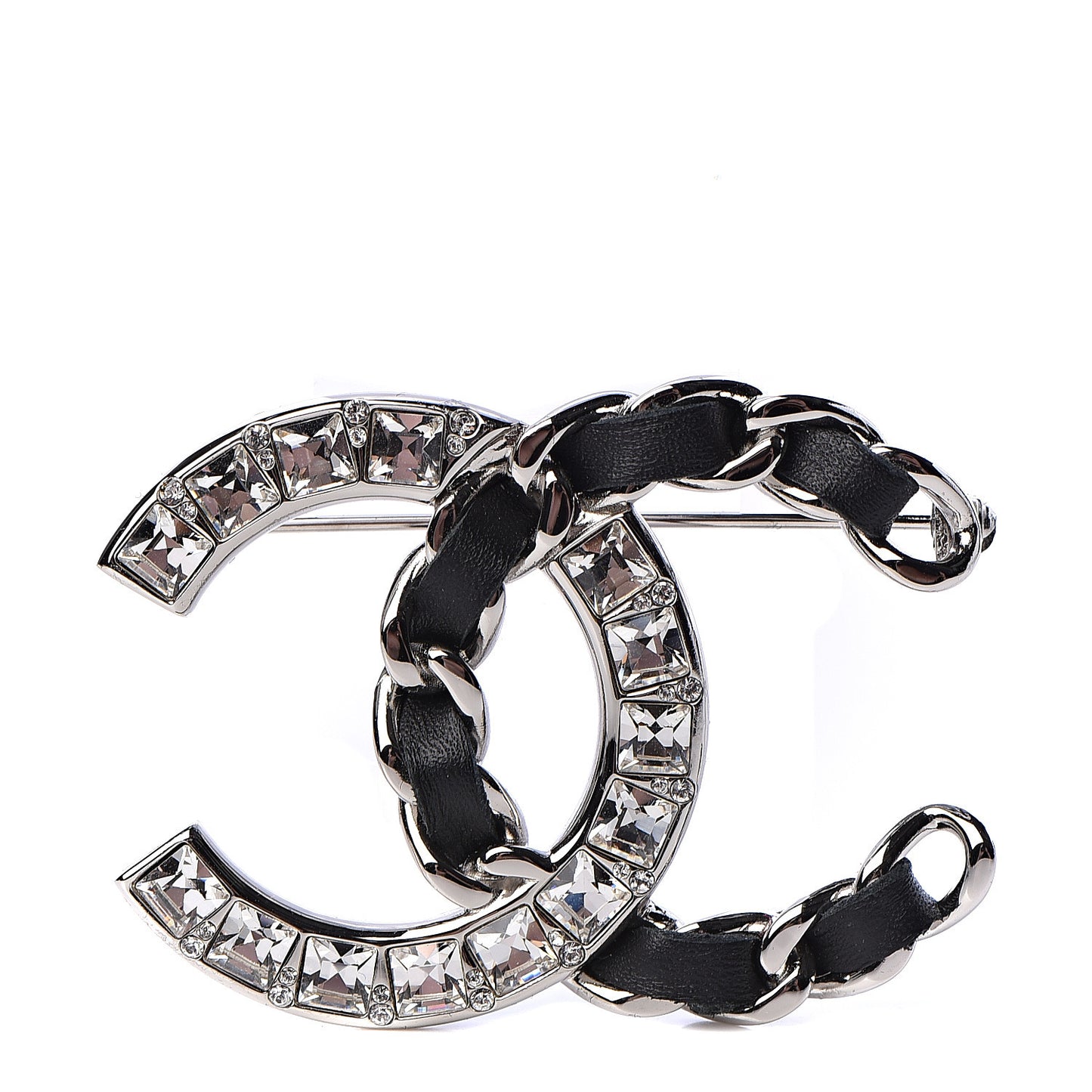 Lambskin Baguette Crystal CC Chain Brooch Black Silver