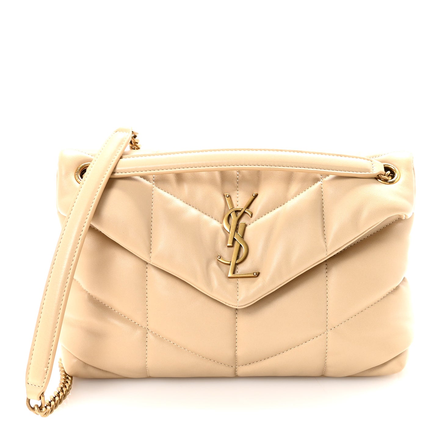 Lambskin Quilted Small Loulou Puffer Monogram Chain Satchel Avorio