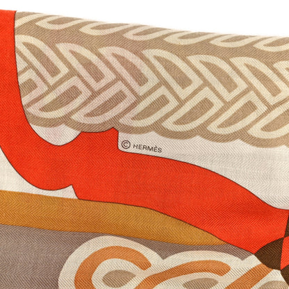 Hermes Cashmere Silk Fantaisie D'etriers Shawl 140 Orange White Beige 3 of 3