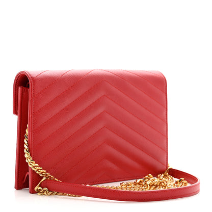 Saint Laurent Grain De Poudre Matelasse Chevron Monogram Envelope Chain Wallet New Red 3 of 11