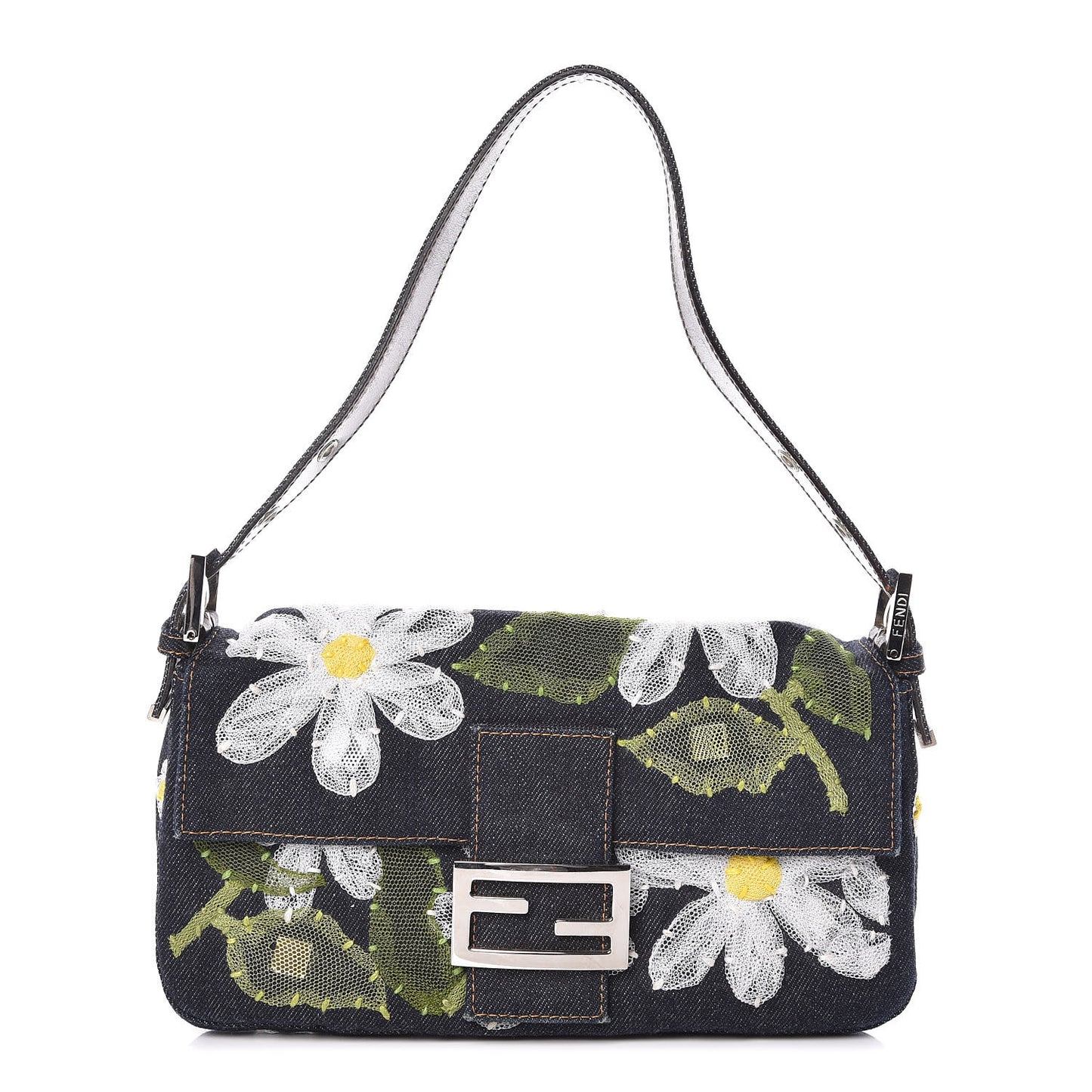 Denim Flower Applique Baguette Blue