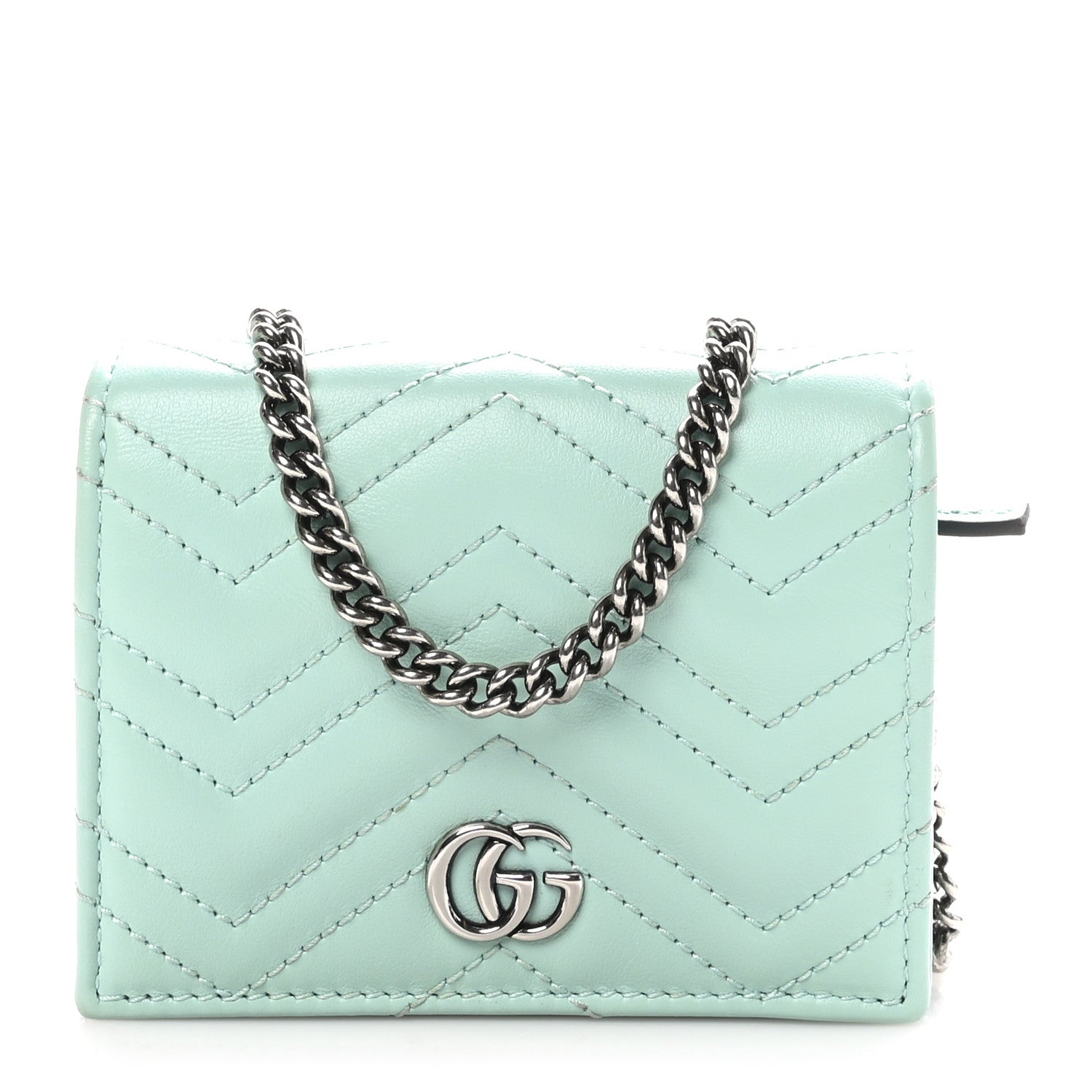 Gucci Calfskin Matelasse GG Marmont Mini Wallet On Chain Water Green 1 of 11