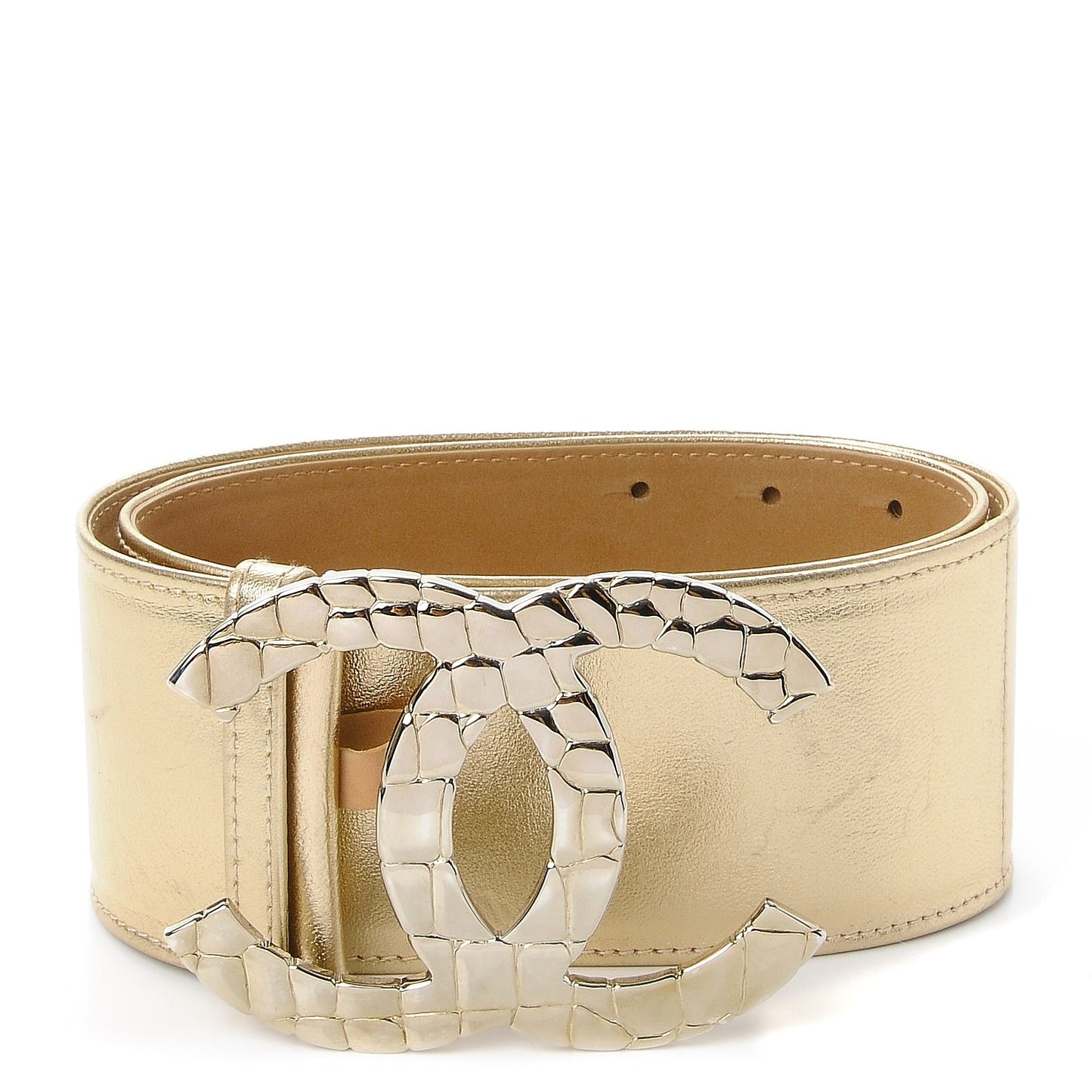 Metallic Lambskin CC Buckle Wide Belt 70 28 Gold