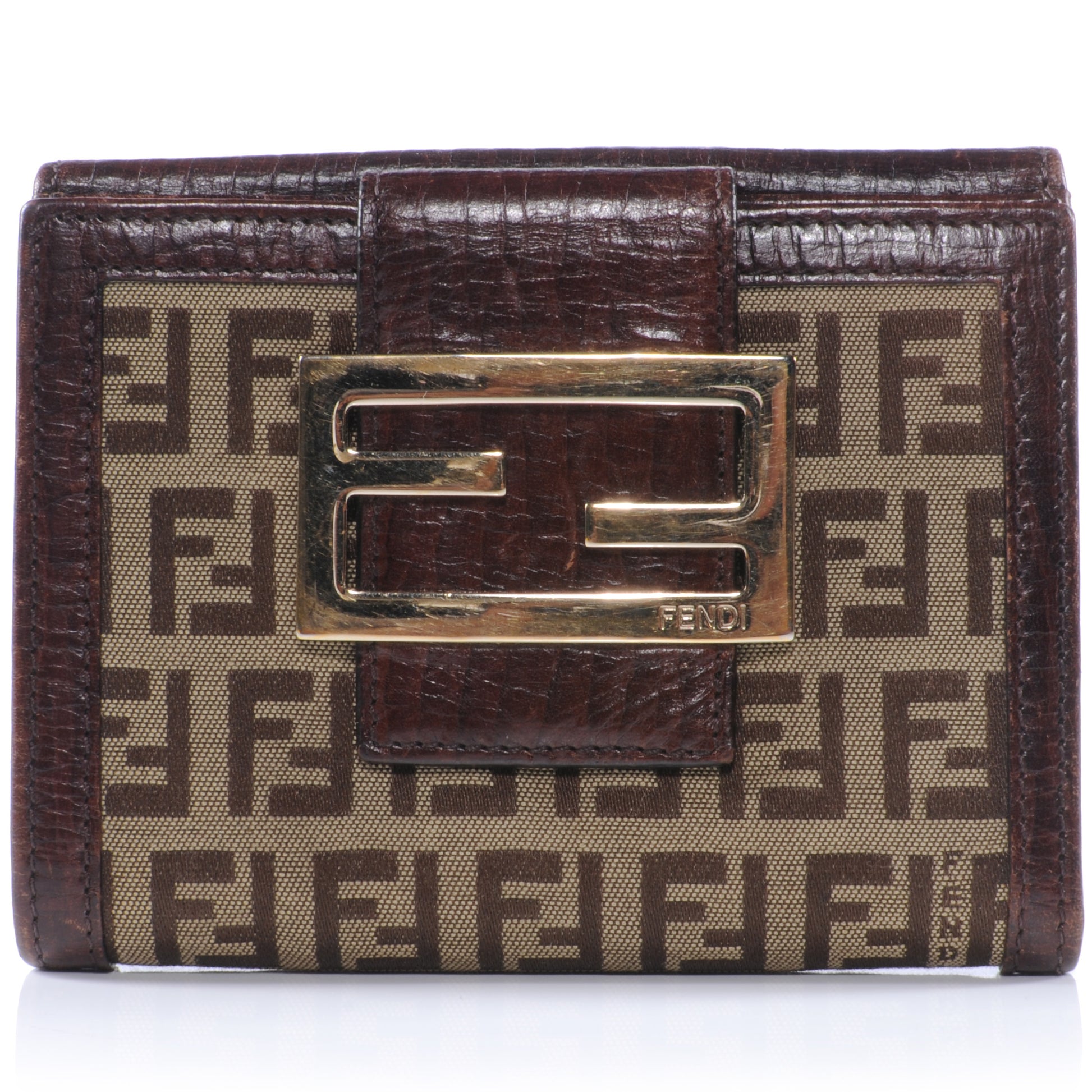 Fendi Zucchino Vitello Compact Wallet Mogano Panna Bruciato 1 of 7