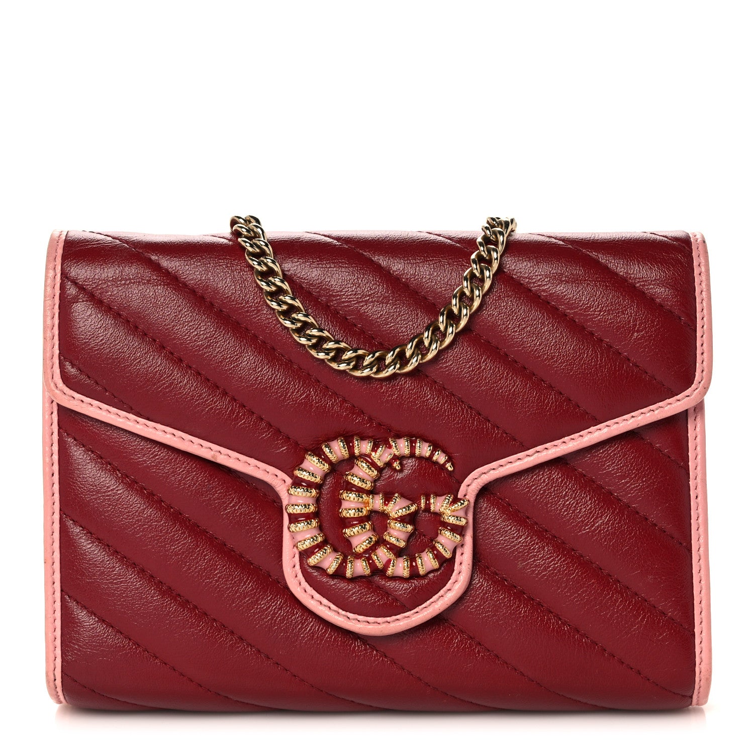 Gucci Azalea Calfskin Enamel Matelasse Diagonal Torchon GG Marmont Chain Wallet New Cherry Red Wild Rose 1 of 12