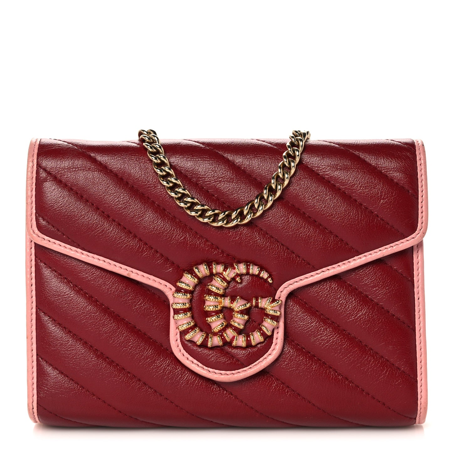 Azalea Calfskin Enamel Matelasse Diagonal Torchon GG Marmont Chain Wallet New Cherry Red Wild Rose