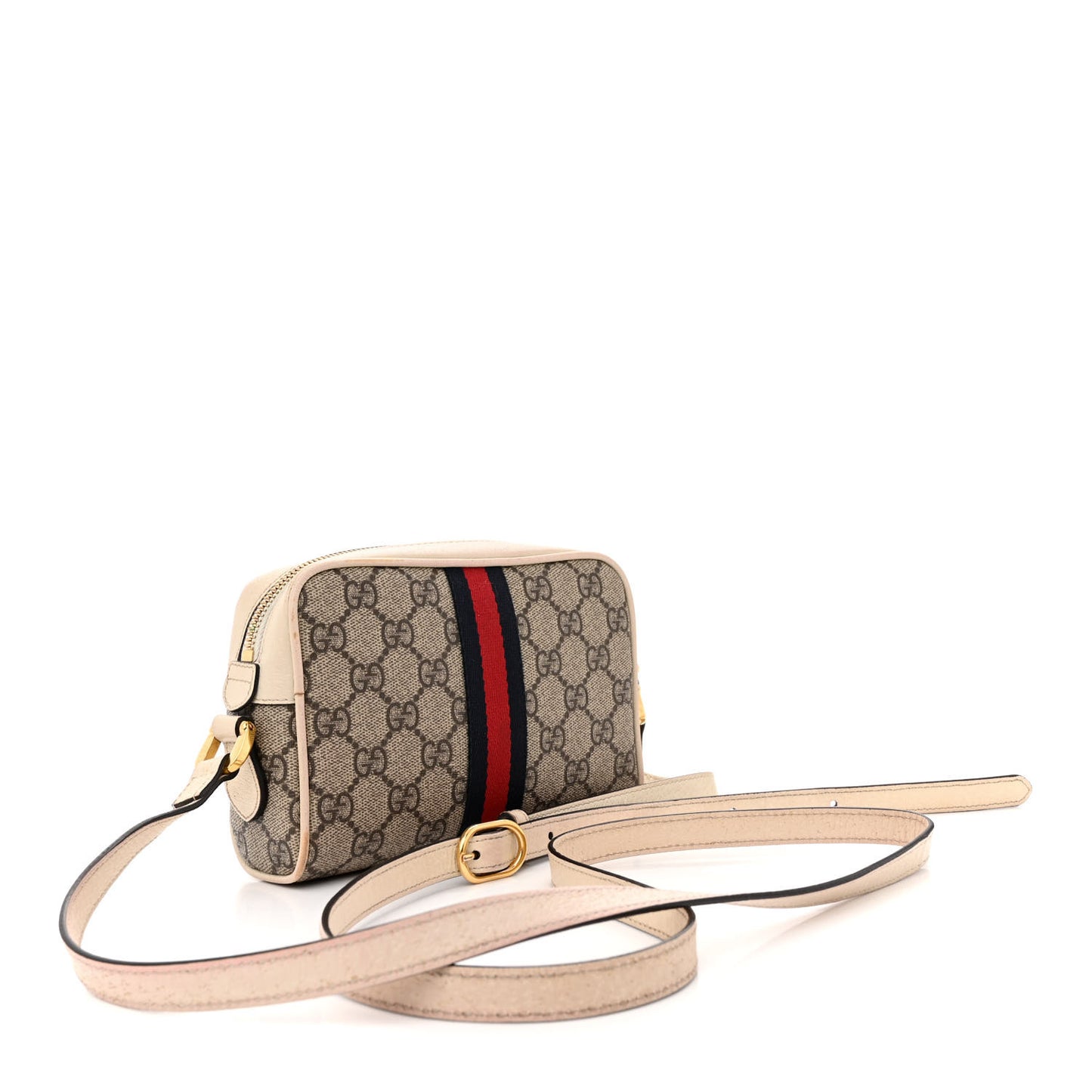 GG Supreme Monogram Textured Calfskin Web Mini Ophidia Shoulder Bag Beige Ebony Mystic White