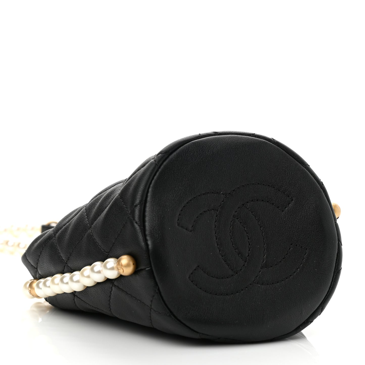 Calfskin Quilted Pearl Mini About Pearls Drawstring Bucket Bag Black