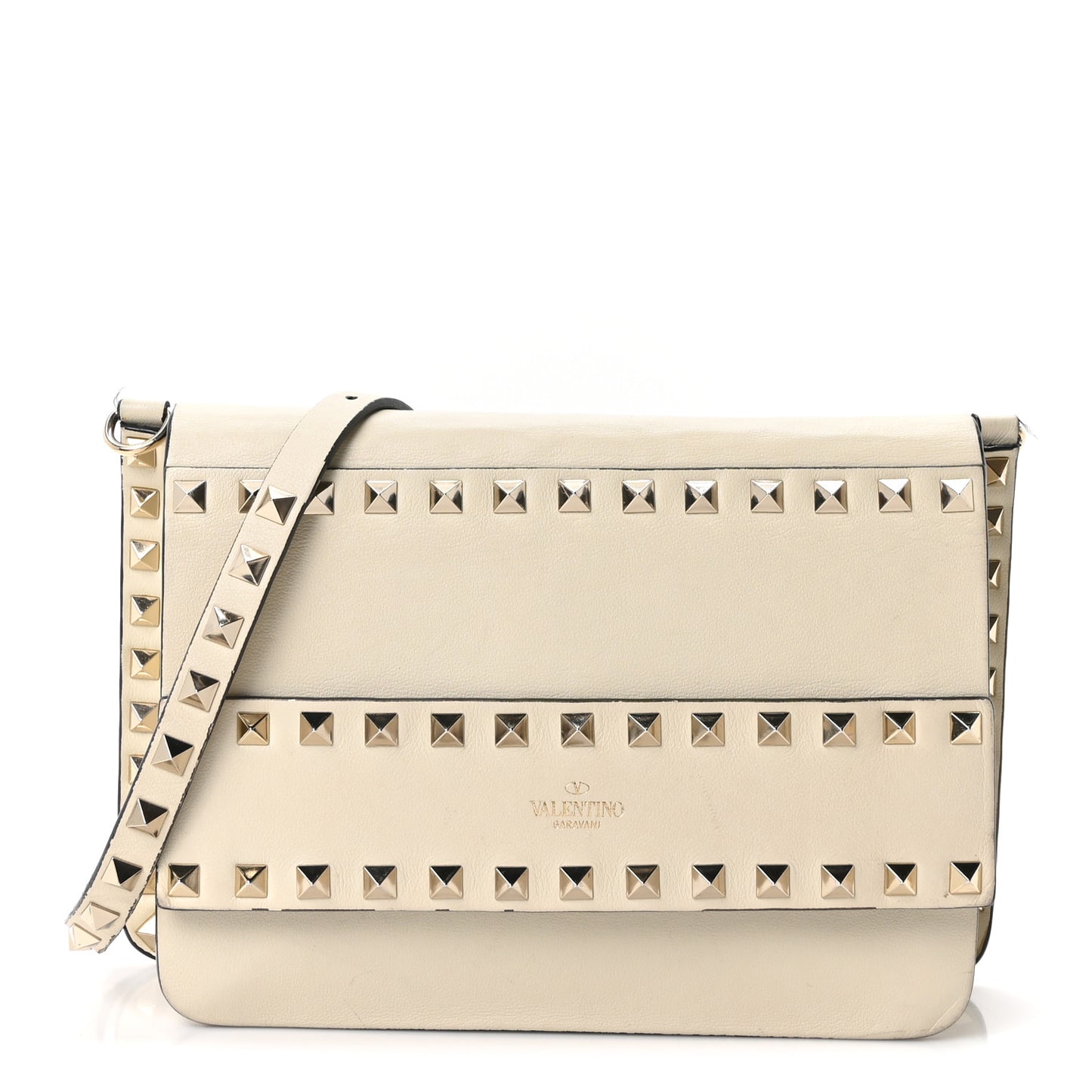 Grained Calfskin Small Rockstud Flap Crossbody Bag Light Ivory
