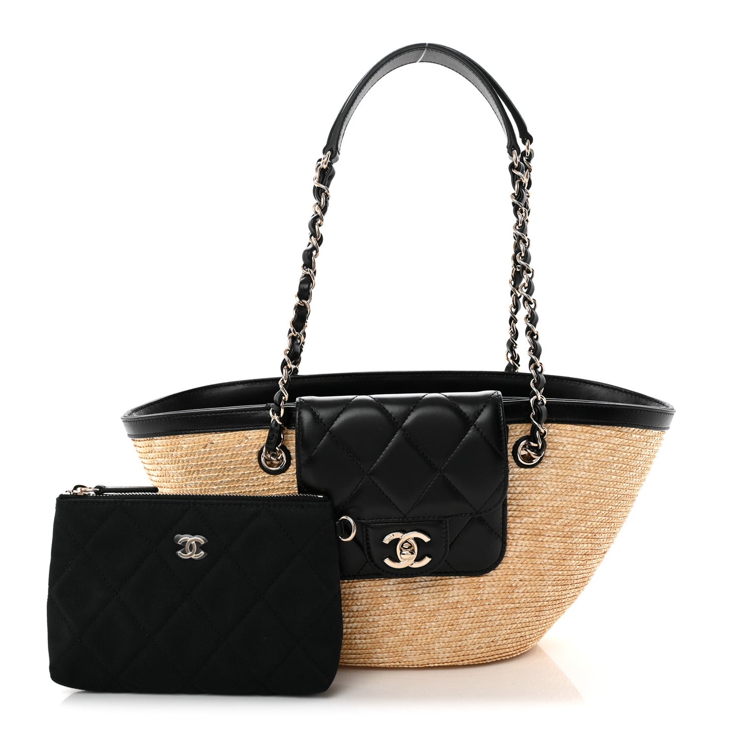 Raffia Braided Lambskin Small Shopping Tote Beige Black