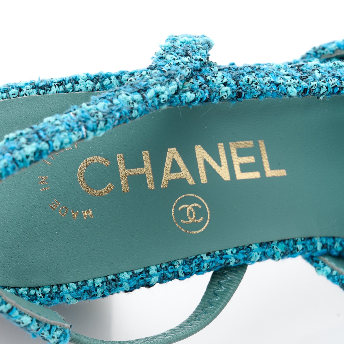 Tweed Lambskin Cap Toe CC Slingback Pumps 37 Blue Green