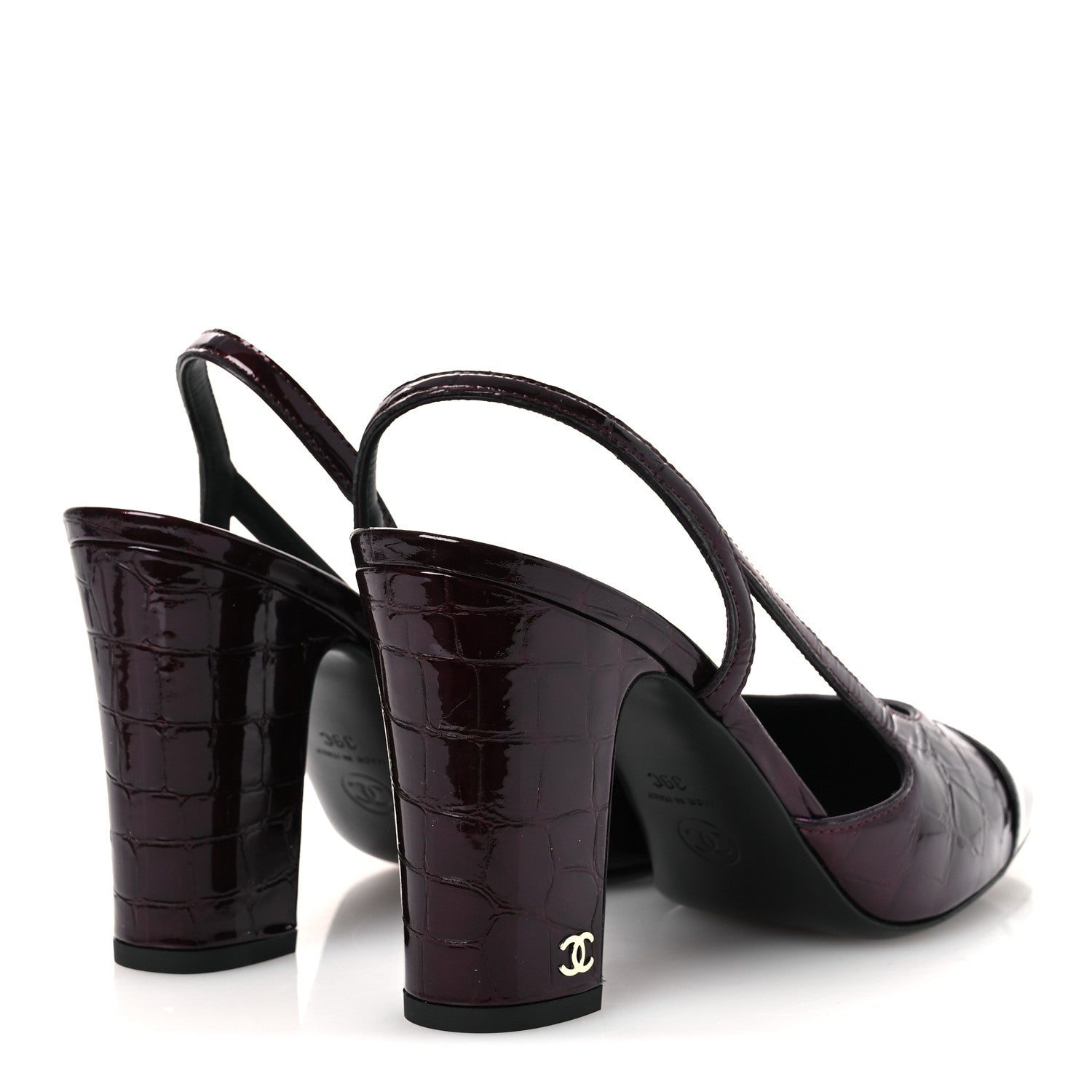 Chanel Patent Calfskin Crocodile Embossed Cap Toe CC Slingback 39 Dark Burgundy Black 5 of 13