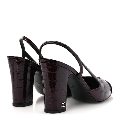Chanel Patent Calfskin Crocodile Embossed Cap Toe CC Slingback 39 Dark Burgundy Black 5 of 13