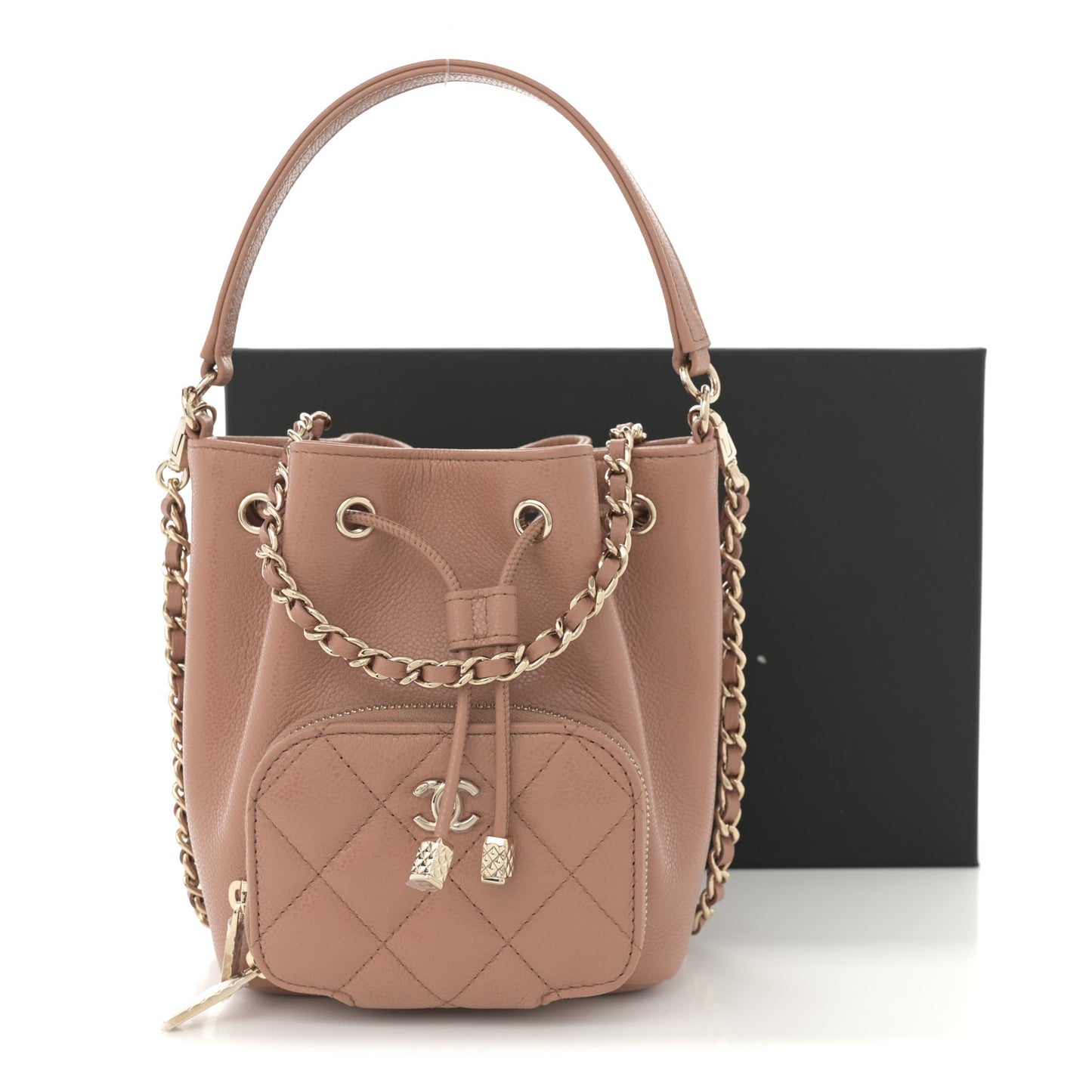 Shiny Grained Calfskin Quilted Mini Clutch With Chain Brown