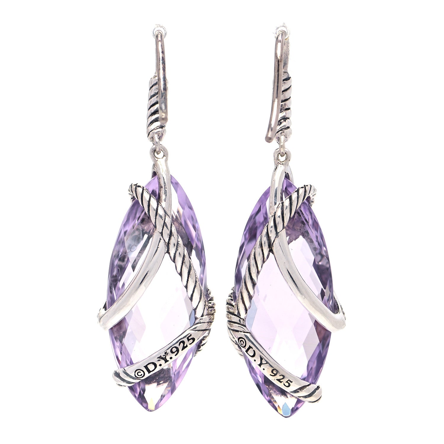 David Yurman Sterling Silver Diamond Amethyst Cable Wrap Drop Earrings 3 of 5