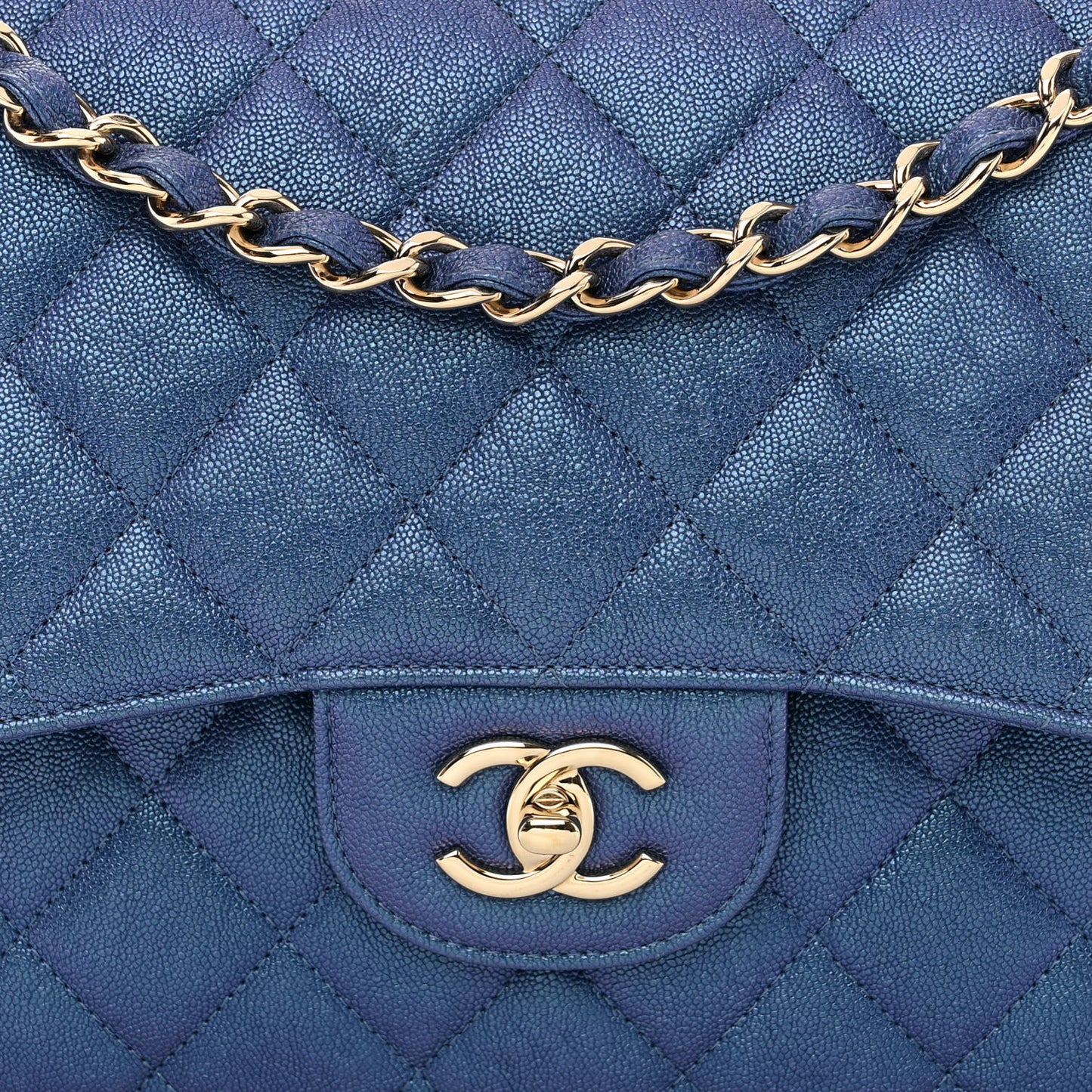 Iridescent Caviar Quilted Jumbo Double Flap Dark Blue
