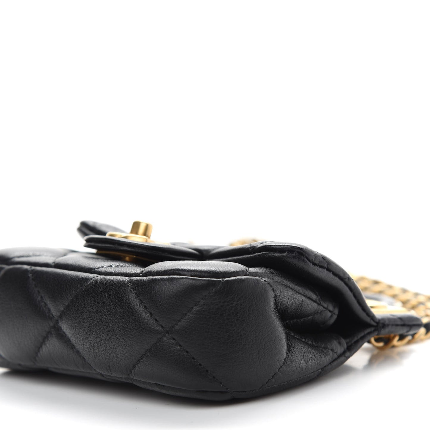 Calfskin Quilted Lady Handle Flap Card Holder With Chain Black