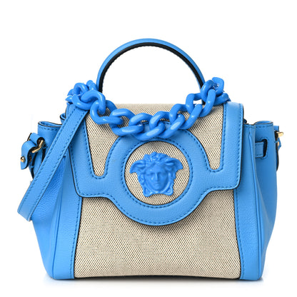 Versace Calfskin Canvas Medusa Small Top Handle Handbag Blue 1 of 8