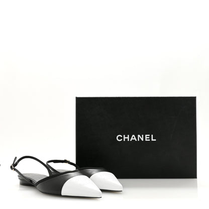 Chanel Iridescent Lambskin Cap Toe CC Slingback Flats 37 Black White 10 of 10