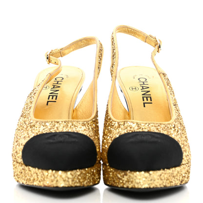 Chanel Glitter Grosgrain Cap Toe CC Slingback Pumps 39.5 Gold Black 2 of 17