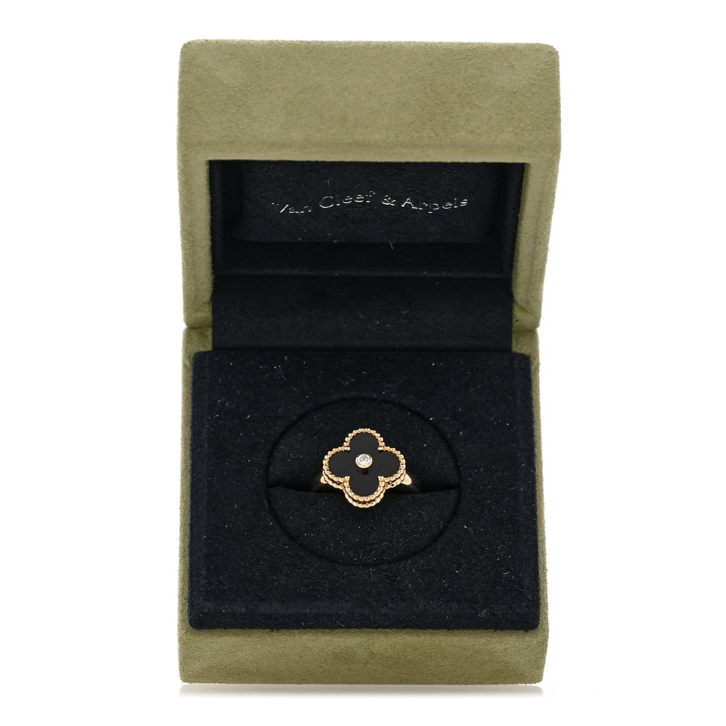 18K Yellow Gold Black Onyx Diamond Vintage Alhambra Ring 56 7.5